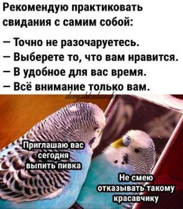 Рекомендую практиковать свидания с самим собой Точно не разочаруетесь Выберете то что вам нравится В удобное для вас время Всё внимание только вам Приглашащпс красав74ику