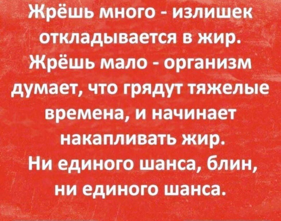 Жрёшь много излишек откладывается в жир Жрёшь мало организм думает что грядут тяжелые времена и начинает накапливать жир Ни единого шанса блин ни единого шанса