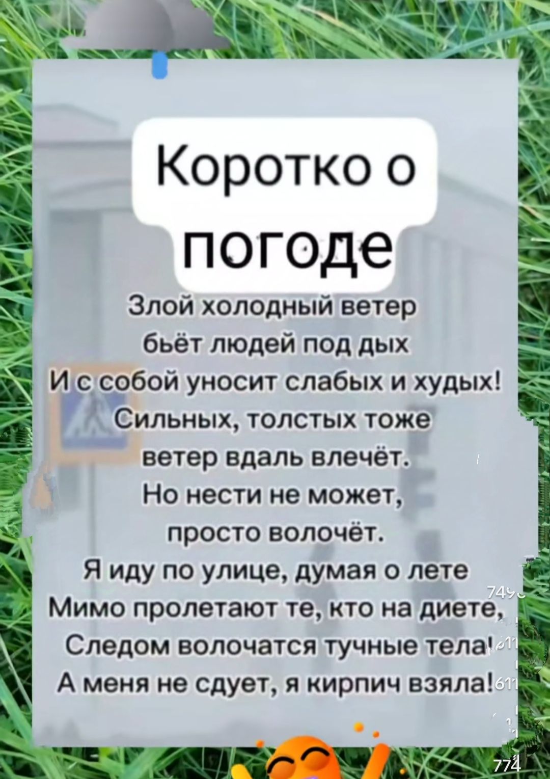 Коротко о погоде Злой холодный ветер бьёт людей под дых собои уносит слабых и худых Сильных толстых тоже ветер вдаль влечёт Но нести не может Ь Ё просто волочёт Ё Я иду по улице думая о лете Мимо пролетают те кто на диете Следом волочатся тучные тела А меня не сдует я кирпич взяла