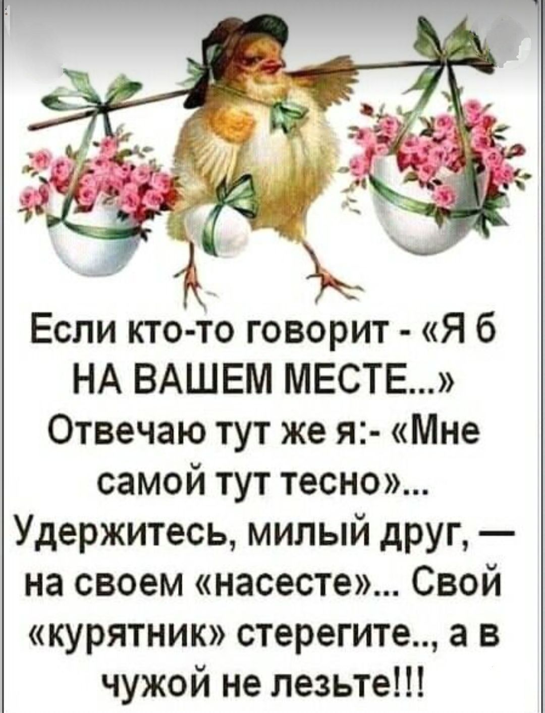 Если кто то говорит Я 6 НА ВАШЕМ МЕСТЕ Отвечаю тут же я Мне самой тут тесно Удержитесь милый друг на своем насесте Свой курятник стерегите а в чужой не лезьте