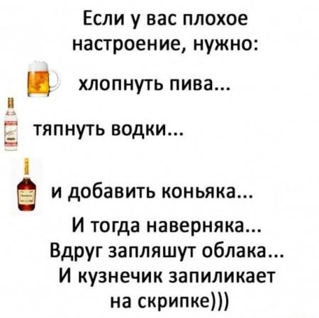 Если у вас плохое настроение нужно Й хлопнуть пива й тяпнуть водки и добавить коньяка И тогда наверняка Вдруг запляшут облака И кузнечик запиликает на скрипке