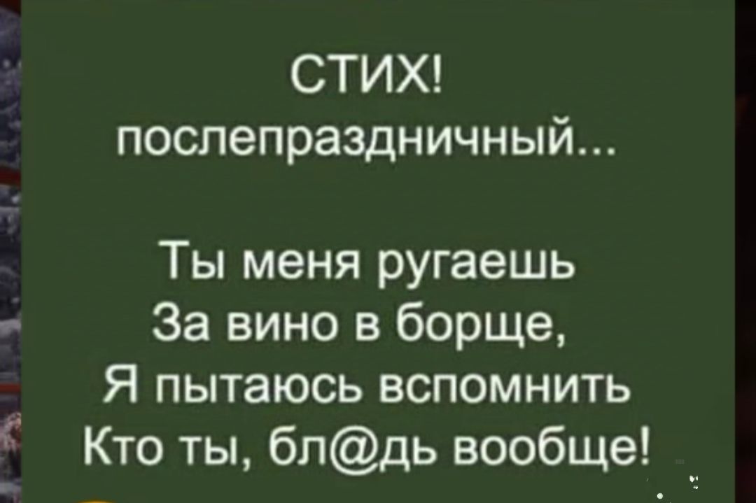 СТИХ послепраздничный Ты меня ругаешь За вино в борще Я пытаюсь вспомнить Кто ты блдь вообще _