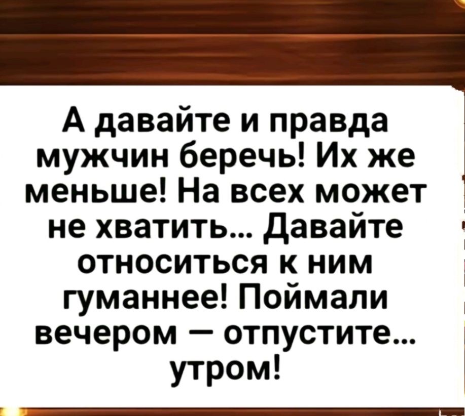 А давайте и правда мужчин беречь Их же _ меньше На всех может не хватить Давайте относиться к ним гуманнее Поймали вечером отпустите утром