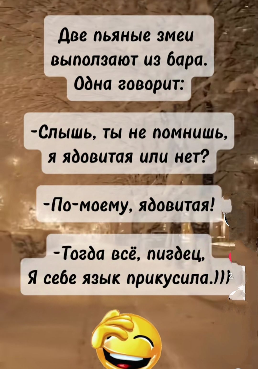 Две пьяные змеи выползают из бара Одна говорит Слышь ты не помнишь я ядовитая или нет По моему ядовитая Тогда всё пигдец Я себе язык прикусила