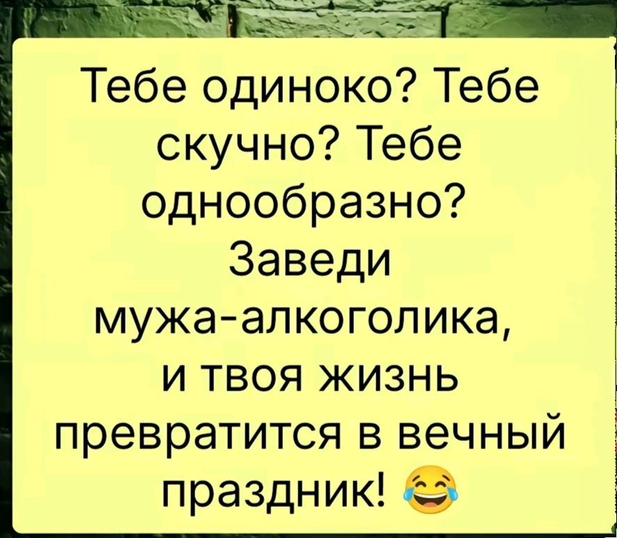 Тебе одиноко Тебе скучно Тебе однообразно Заведи мужа алкоголика и твоя жизнь превратится в вечный праздник