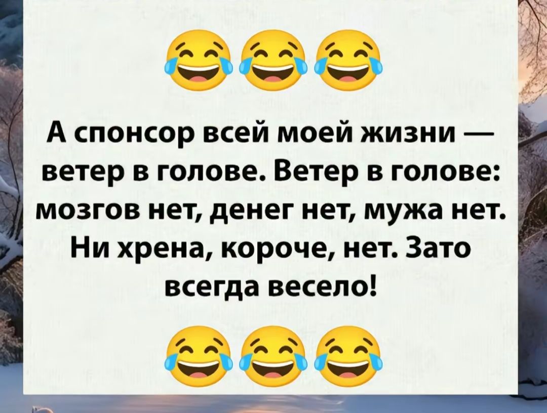 А спонсор всей моей жизни ветер в голове Ветер в голове мозгов нет денег нет мужа нет Ни хрена короче нет Зато всегда весело