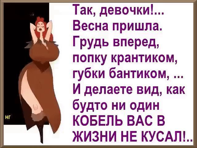 Так девочки Весна пришла Грудь вперед попку крантиком губки бантиком И делаете вид как будто ни один КОБЕЛЬ ВАС В ЖИЗНИ НЕ КУСАЛ