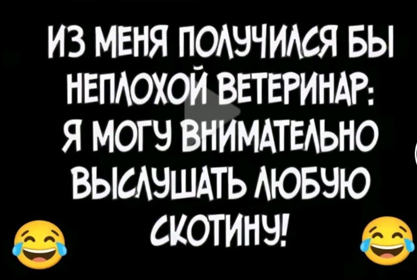 ИЗ МЕНЯ ПОЛУЧИЛСЯ БЫ НЕПЛОХОЙ ВЕТЕРИНАР: Я МОГУ ВНИМАТЕЛЬНО ВЫСЛУШАТЬ ЛЮБУЮ СКОТИНУ!