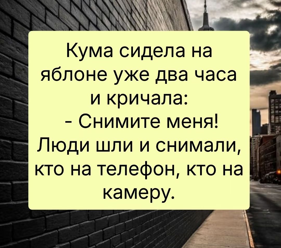 Кума сидела на яблоке уже два часа и кричала: - Снимите меня! Люди шли и снимали, кто на телефон, кто на камеру.