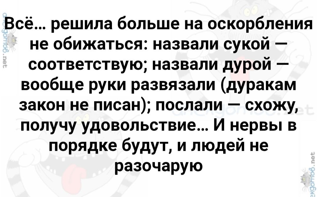 Всё... решила больше на оскорбления не обижаться: назвали сухой — соответствую; назвали дурой — вообще руки развязали (дуракам закон не писан); послали — схожу, получу удовольствие... И нервы в порядке будут, и людей не разочарую