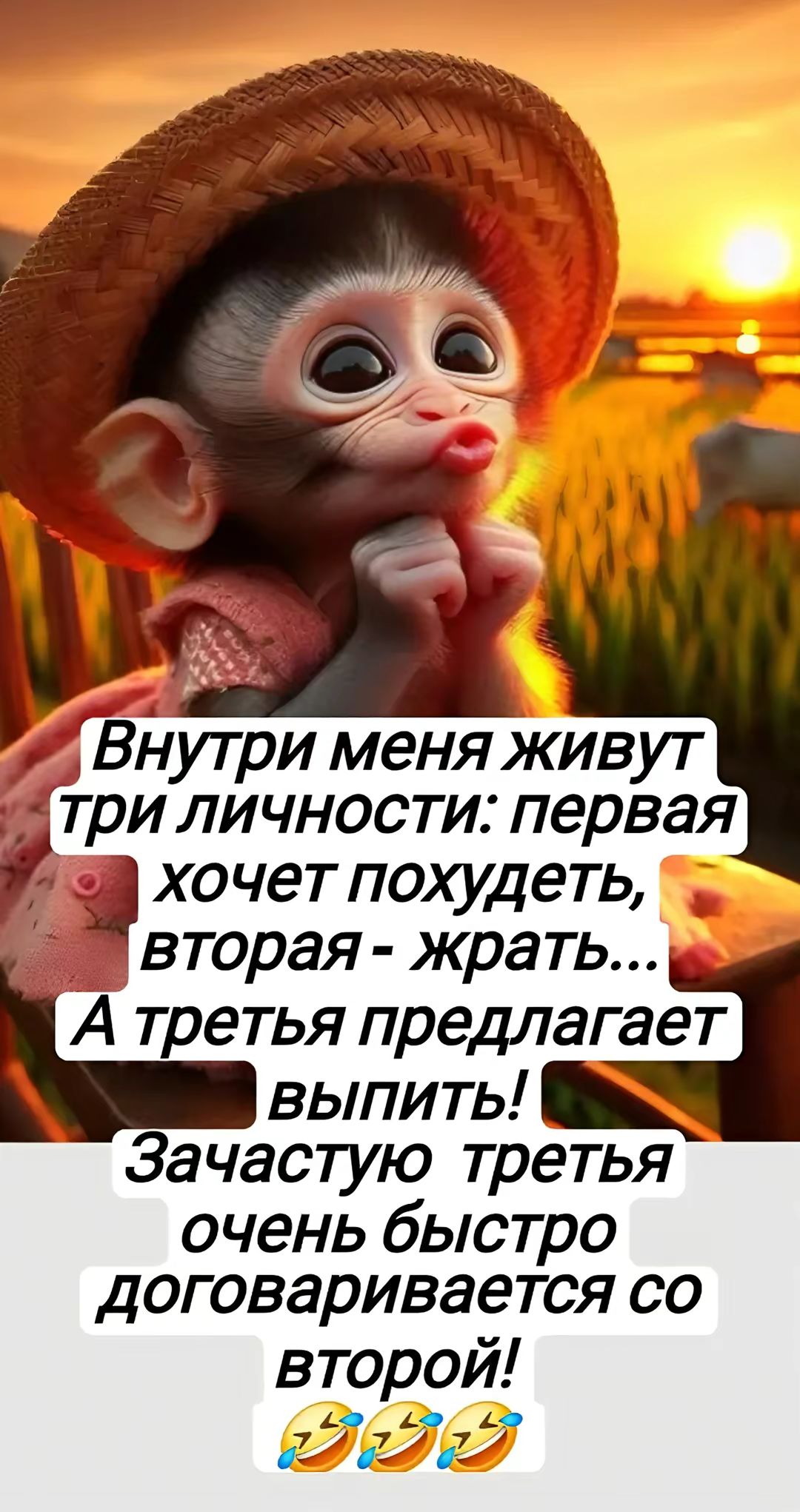 Внутри меня живут три личности: первая хочет похудеть, вторая - жрать... А третья предлагает выпить! Зачастую третья очень быстро договаривается со второй!