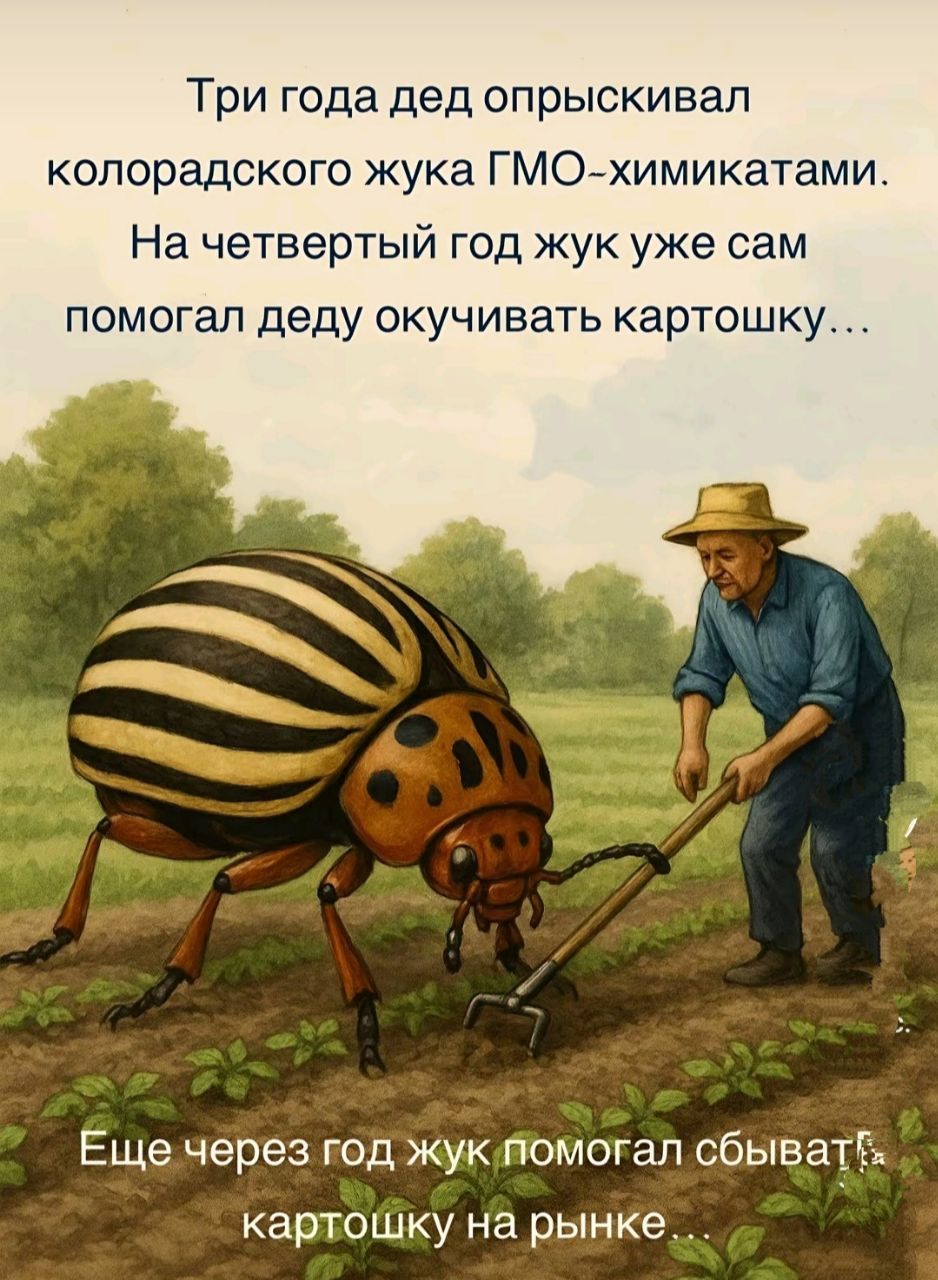 Три года дед опрыскивал колорадского жука ГМО-химикатами. На четвёртый год жук уже сам помогал деду окучивать картошку… Ещё через год жук помогал сбивать картошку на рынке.