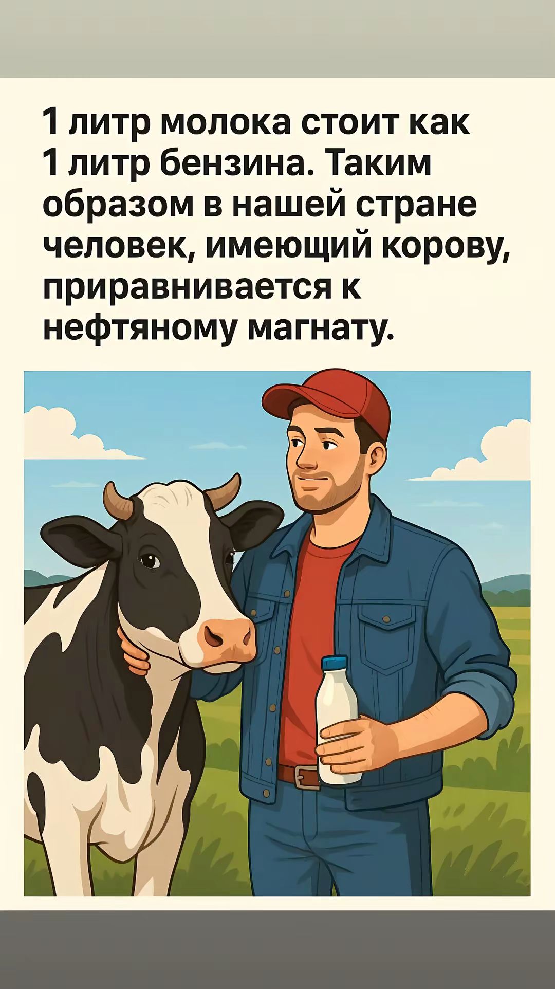 1 литр молока стоит как 1 литр бензина. Таким образом в нашей стране человек, имеющий корову, приравнивается к нефтяному магнату.