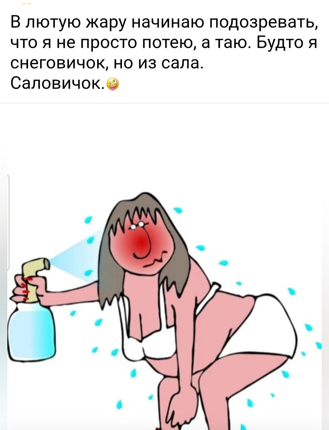 В лютую жару начинаю подозревать, что я не просто потею, а таю. Будто я снеговичок, но из сала. Саловичок.😏