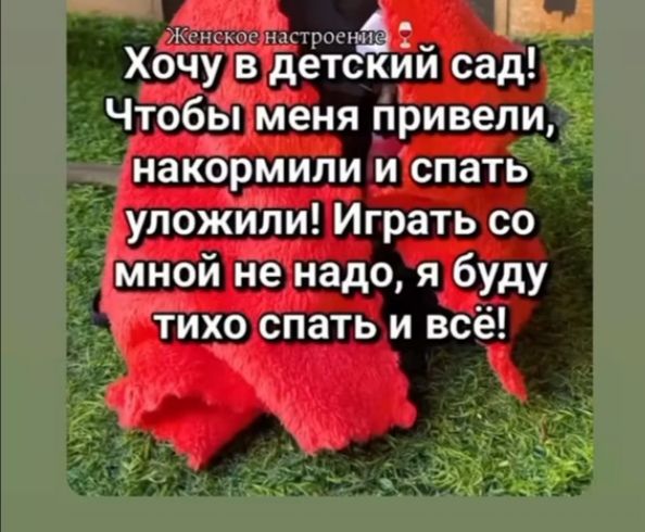 Хочу в детский сад! Чтобы меня привели, накормили и спать уложили! Играть со мной не надо, я буду тихо спать и всё!