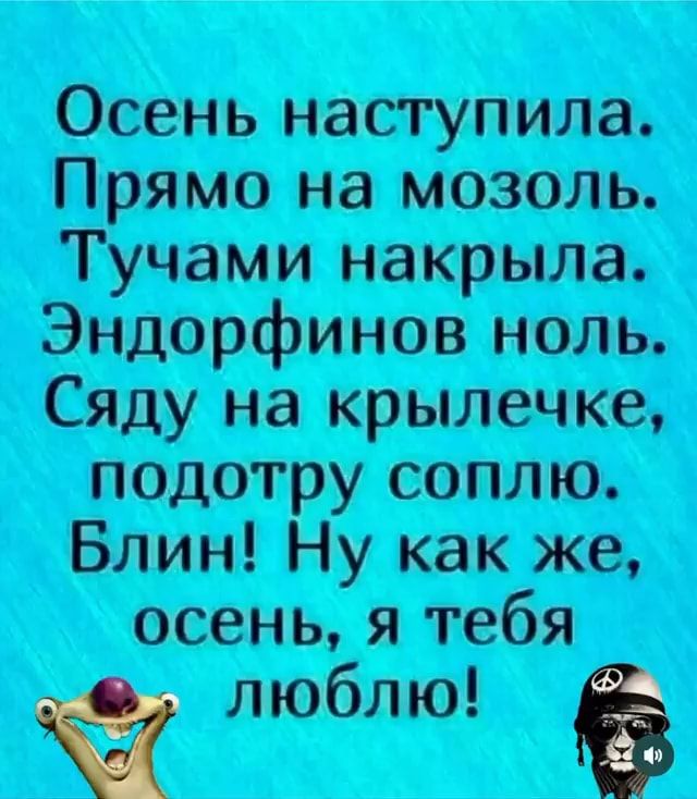 Осень наступила.
Прямо на мозоль.
Тучами накрыла.
Эндорфинов ноль.
Сяду на крылечке,
подотру соплю.
Блин! Ну как же,
осень, я тебя
люблю!