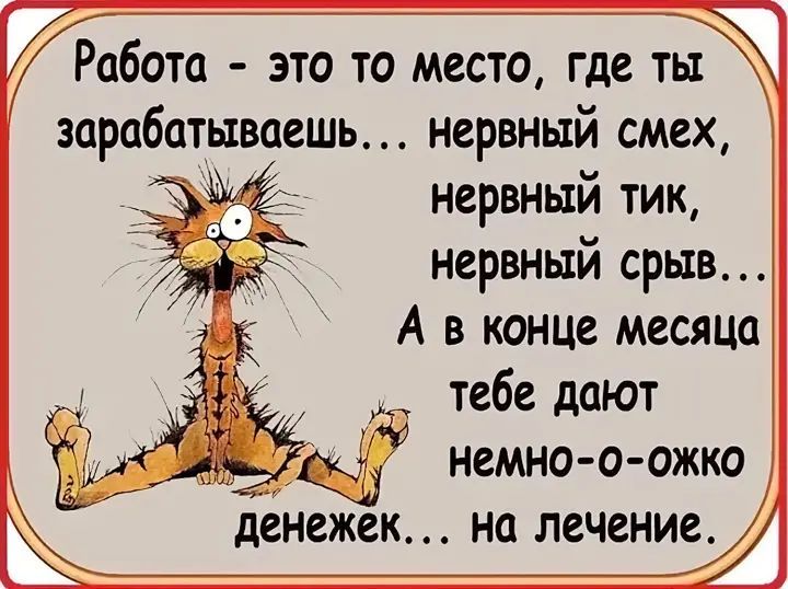 Работа - это то место, где ты зарабатываешь... нервный смех, нервный тик, нервный срыв... А в конце месяца тебе дают немно-о-о денегенж... на лечение.