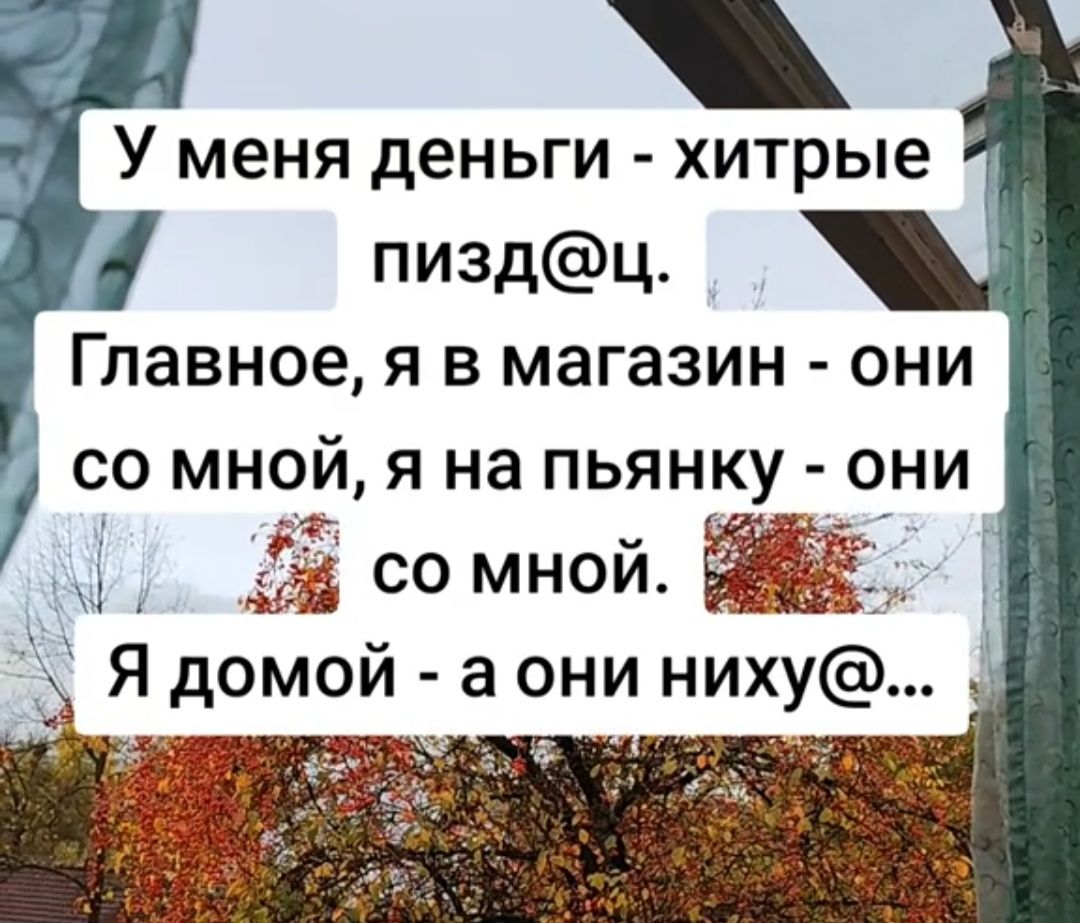 У меня деньги - хитрые пизд@ц.
Главное, я в магазин - они со мной, я на пьянку - они со мной.
Я домой - а они ниху@...