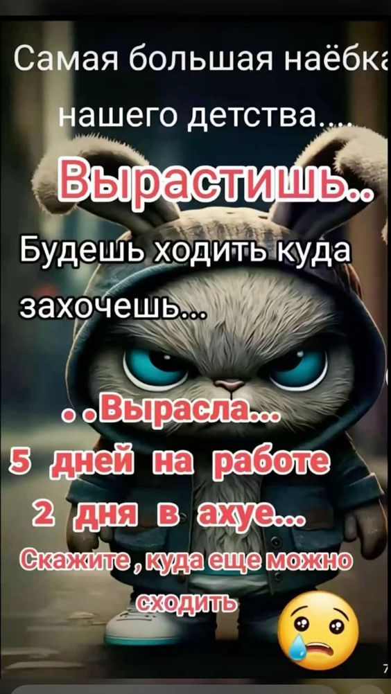 Самая большая наёбка нашего детства... Вырастишь.. Будешь ходить куда захочешь... Выраст... 5 дней на работе 2 дня в ахуе... Скажите, куда еще можно сходить 😢
