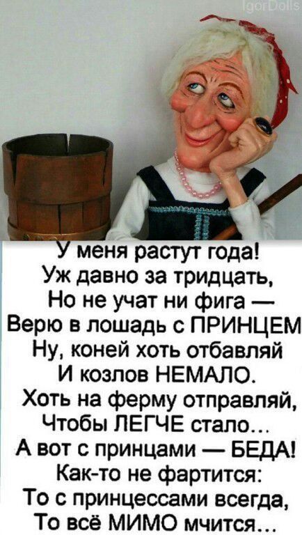 У меня растут года! Уж давно за тридцать, Но не учат ни фига — Верю в лошадь с принцем. Ну, коней хоть отбавляй И козлов немало. Хоть на ферму отправляй, Чтобы легче стало... А вот с принцами — беда! Как-то не фартится: То с принцессами всегда, То всё мимо мчится...