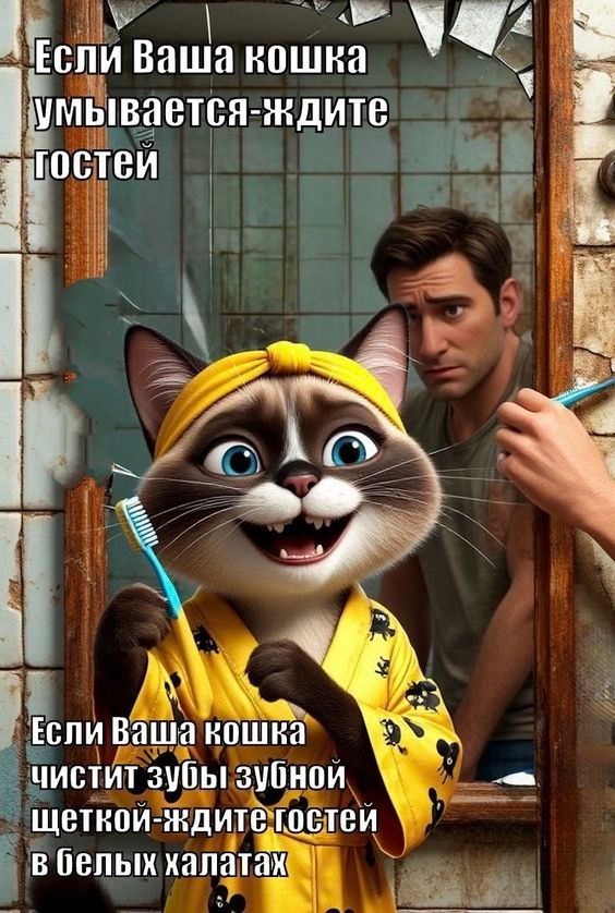 Если Ваша кошка умывается- ждите гостей\nЕсли Ваша кошка чистит зубы зубной щеткой- ждите гостей в белых халатах