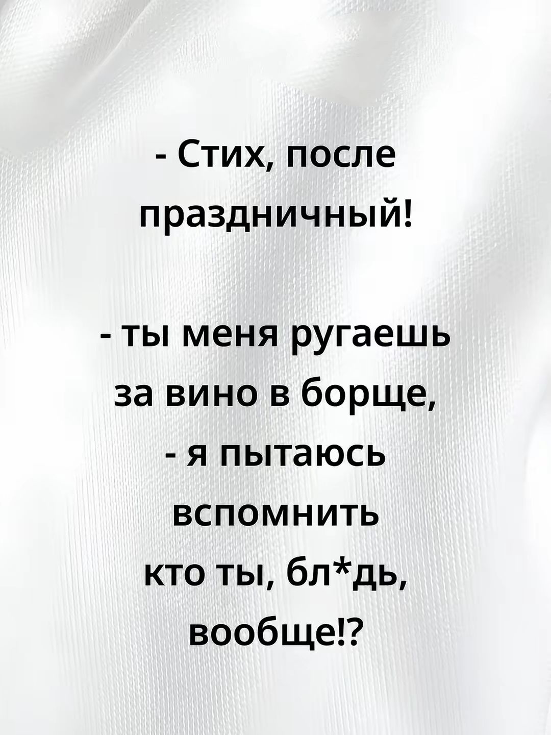 - Стих, после праздничный!\n- ты меня ругаешь за вино в борще,\n- я пытаюсь\nвспомнить\nkто ты, бл*дь,\nвообще!?