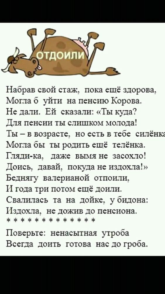 Набрав свой стаж, пока ещё здорова. Могла б уйти на пенсию Коровa. Не дали. Ей сказали: «Ты куда? Для пенсии ты слишком молода! Ты — в возрасте, но есть в тебе силёнка. Могла бы ты родить ещё телёнка. Гляди-ка, даже вымя не засохло! Доись, давай, покуда не издохла! Беднягу Валерианой опоили, и года три потом ещё долили. Свалилась та на дойке, у бидона: Издохла, не дожив до пенсии. Поверьте: ненасыщенная утроба всегда доит готова нас до грба.