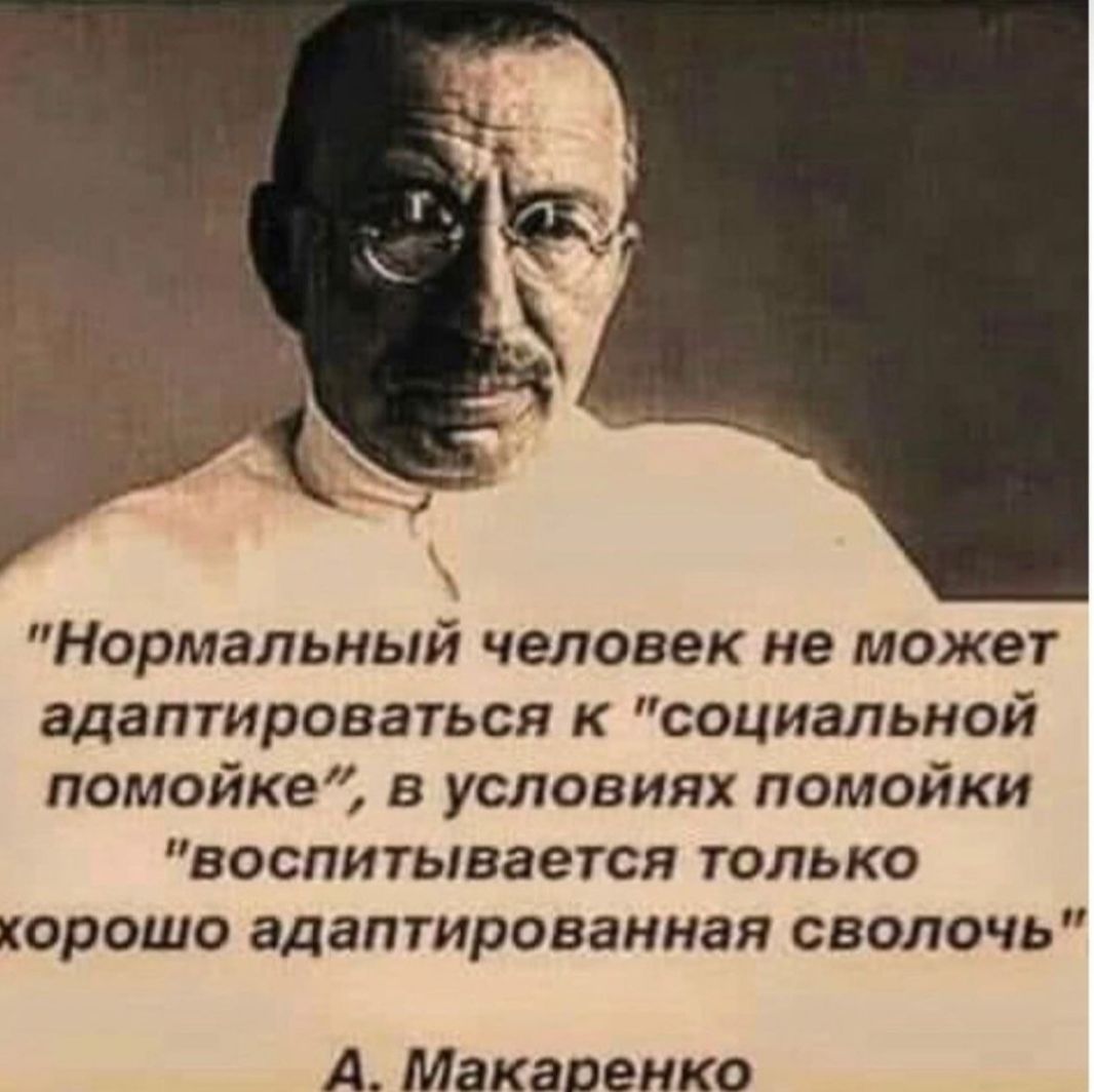 Нормальный человек не может адаптироваться к социальной помойке в условиях помойки воспитывается только корошо адаптированная сволочь А Макаренко