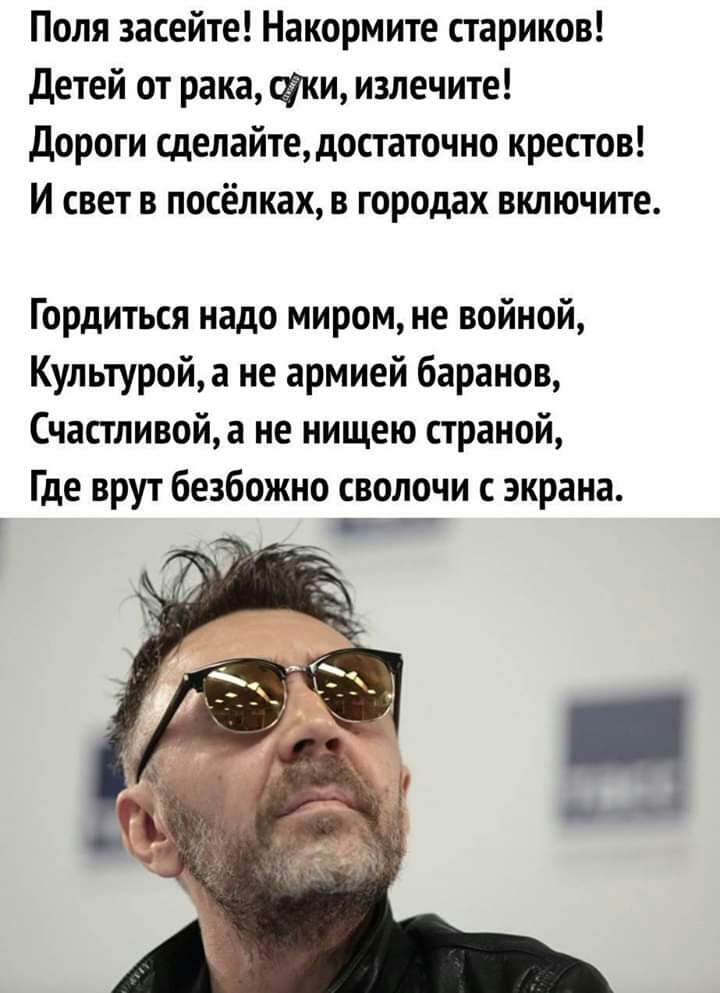 Поля засейте Накормите стариков Детей от рака ки излечите Дороги сделайтедостаточно крестов И свет в посёлках в городах включите Гордиться надо миром не войной Культурой а не армией баранов Счастливой а не нищею страной Где врут безбожно сволочи с экрана