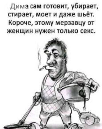 Дима сам готовит, убирает, стирает, моет и даже шьёт. Короче, этому мерзавцу от женщин нужен только секс.