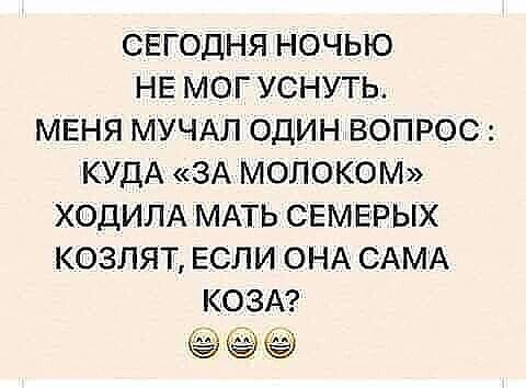 СЕГОДНЯ НОЧЬЮ НЕ МОГ УСНУТЬ МЕНЯ МУЧАЛ ОДИН ВОПРОС КУДА ЗА МОЛОКОМ ХОДИЛА МАТЬ СЕМЕРЫХ КОЗЛЯТ ЕСЛИ ОНА САМА КОЗА