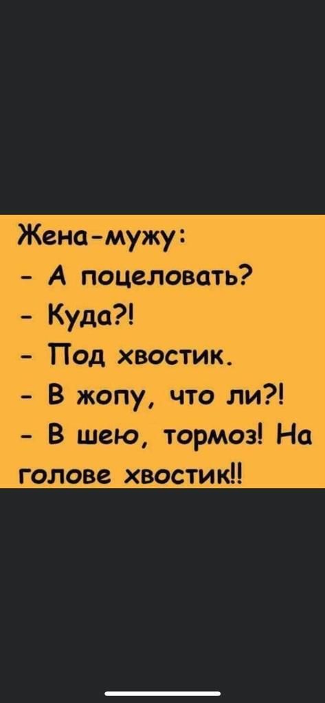 Жена мужу А поцеловать Куда Под хвостик В жопу что ли В шею тормоз На голове хвостик