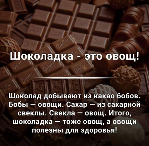 Шоколадка это овощ Шоколад добывают из какао бобов Бобы овощи Сахар из сахарной свеклы Свекла овощ Итого шоколадка тоже овощ а овощи полезны для здоровья