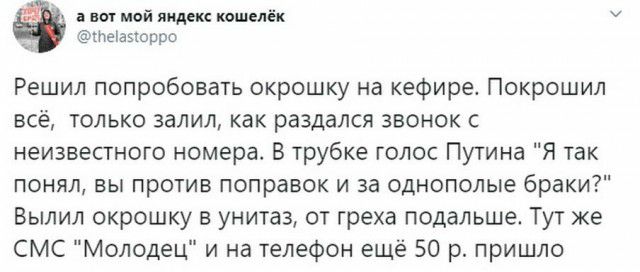 вот мой яндекс кошелёк _ пекацорро Решил попробовать окрошку на кефире Покрошил всё только залил как раздался звонок с неизвестного номера В трубке голос Путина Я так понял вы против поправок и за однополые браки Выпил окрошку в унитаз от греха подальше Тут же СМС Молодец и на телефон ещё 50 р пришло