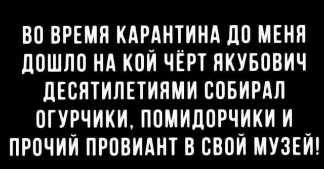 ВО ВРЕМЯ КАРАНТИНА ЦО МЕНЯ ПОШЛИ НА КОЙ ЧЁРТ ЯКУБОВИЧ ЛЕСЯТИПЕТИЯМИ СОБИРАЛ ОГУРЧИКИ ПОМИДОРЧИКИ И ПРОЧИЙ ПРОВИАНТ В СВОЙ МУЗЕЙ