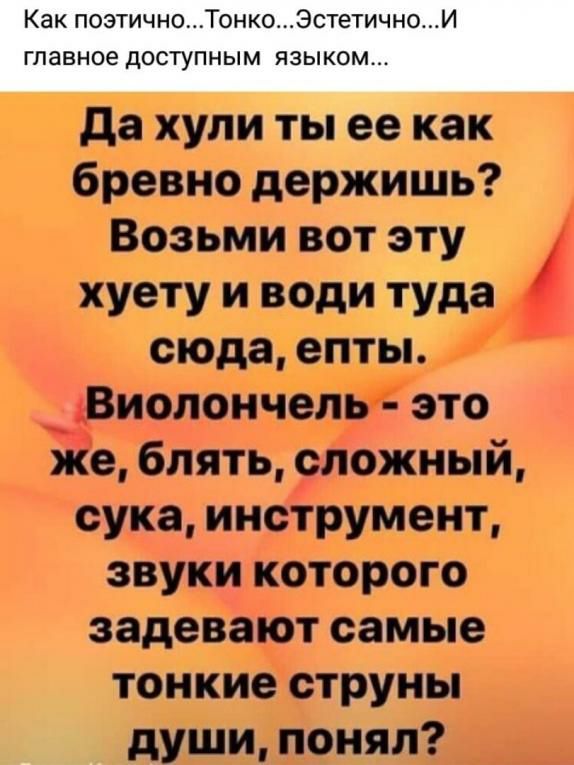 да хули ты ее как бревно держишь Возьми вот эту хуету и води туда сюда епты Виолончель это Ёе блять оложный сука инструмент звуки которого задевают самые тонкие струны души понял