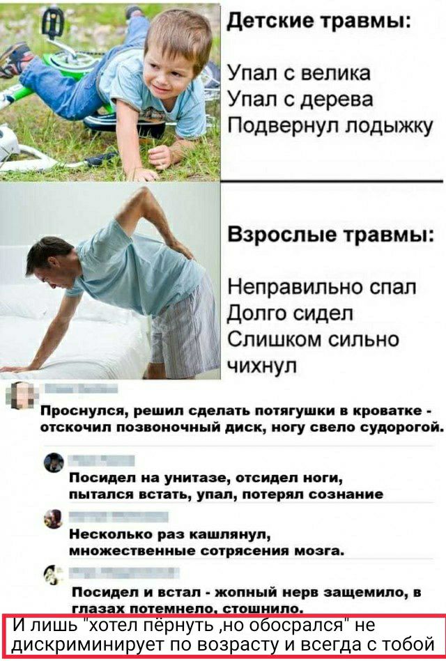 детские травмы Упал с велика Упал с дерева Подвернуп лодыжку Взрослые травмы Неправильно спал Долго сидел Слишком сильно чихнул Проснулся решил сдвпать потягушки кроватке отека сип позпоночиый диск ногу спепо судорогой Посидеп на унитазе отсидел ноги пытался истин упал потерял сознание Нескопько раз кашпяиуп множественные сотрясения мозга посидел и встал жопиый нерв ащемипо
