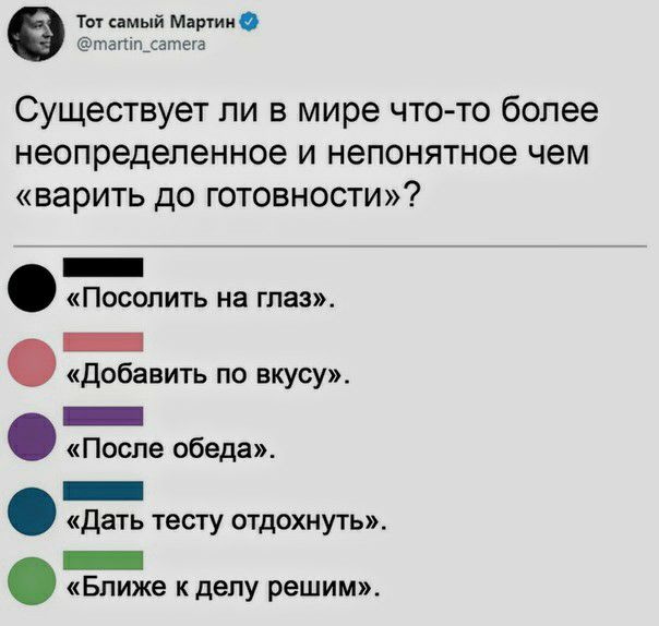 Тотсамый Мартинс тап1к_сатега Существует ли в мире что то более неопределенное и непонятное чем варить до готовности _ Посолить на глазт _ добавить по вкусу _ После обеда _ Дать тесту отдохнуть _ Ближе кделу решим