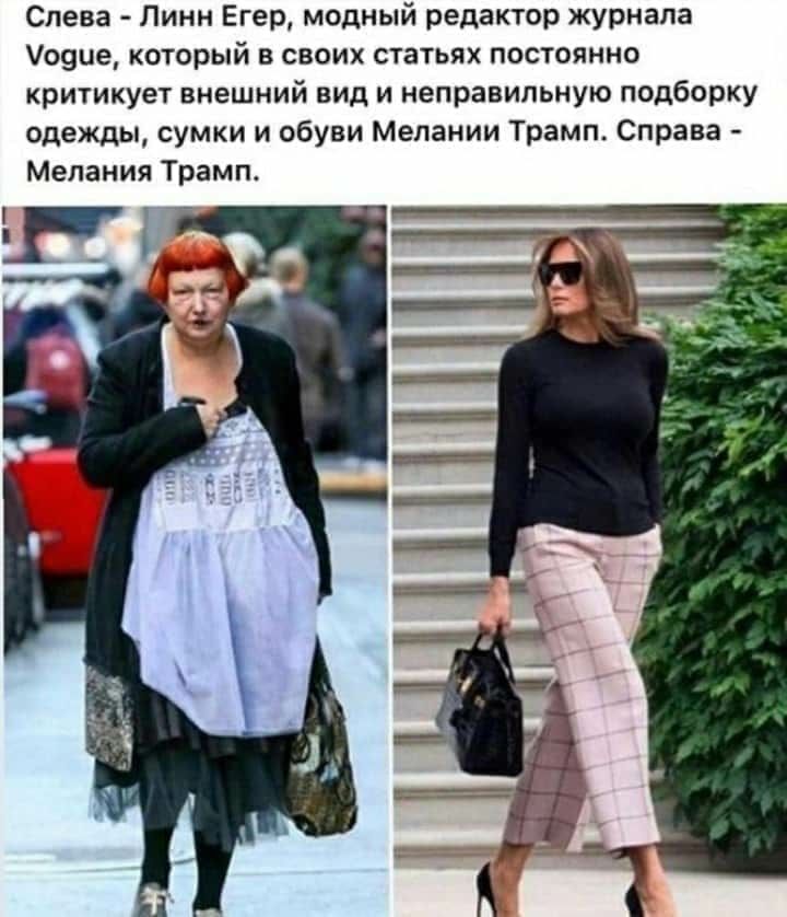 Слева Линн Егер модный редактор журнала оэие который в своих статьях постоянно критикует внешний вид и неправильную подборку одежды сумки и обуви Мелании Трамп Справа Мелания Трамп