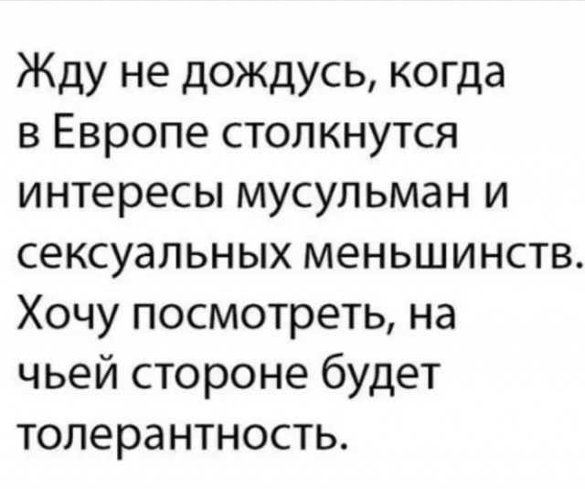 Жду не дождусь когда в Европе столкнутся интересы мусульман и сексуальных меньшинств Хочу посмотреть на чьей стороне будет толерантность