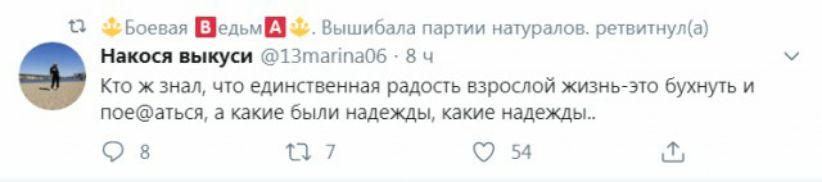 О Своевая Ведьм0 Вышибала партии нагуралов ретвитнула Накося выкуси Втагіпаоб в ч Кто знал что единственная радость взрослой жизньэто бухнуть и поеаться а какие были надежды какие надежды О в а 7 С 54