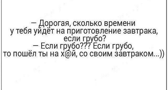 дорогая сколько времени у тебя уидет на приготовление завтрака если г убо _ Если гр о Если грубо то пошел ты на х и со своим завтраком