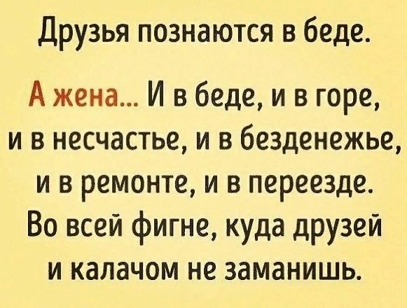 Друзья познаются в беде А жена И в беде и в горе и в несчастье и в безденежье и в ремонте и в переезде Во всей фигне куда друзей и капачом не заманишь