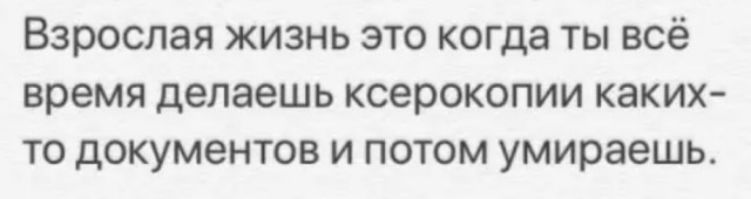взрослая ЖИЗНЬ ЭТО когда ТЫ ВСЁ время Делаешь ксерокопии КЭКИХ ТО Документов И ПОТОМ умираешь