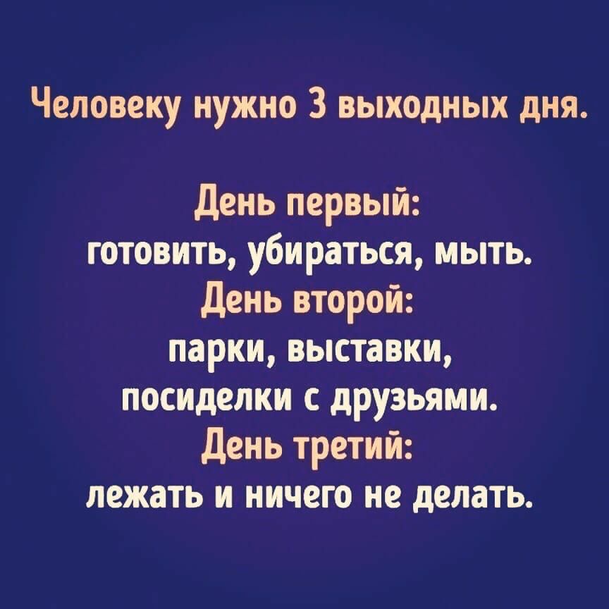 Человеку нужно 3 выходных дня день первый готовить убираться мыть День второй парки выставки посиделки с друзьями день третий лежать и ничего не делать