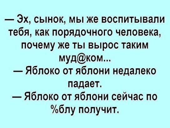 Эх сынок мы же воспитывали тебя как порядочного человека почему же ты вырос таким мудком Яблоко от яблони недалеко падает Яблоко от яблони сейчас по блу получит