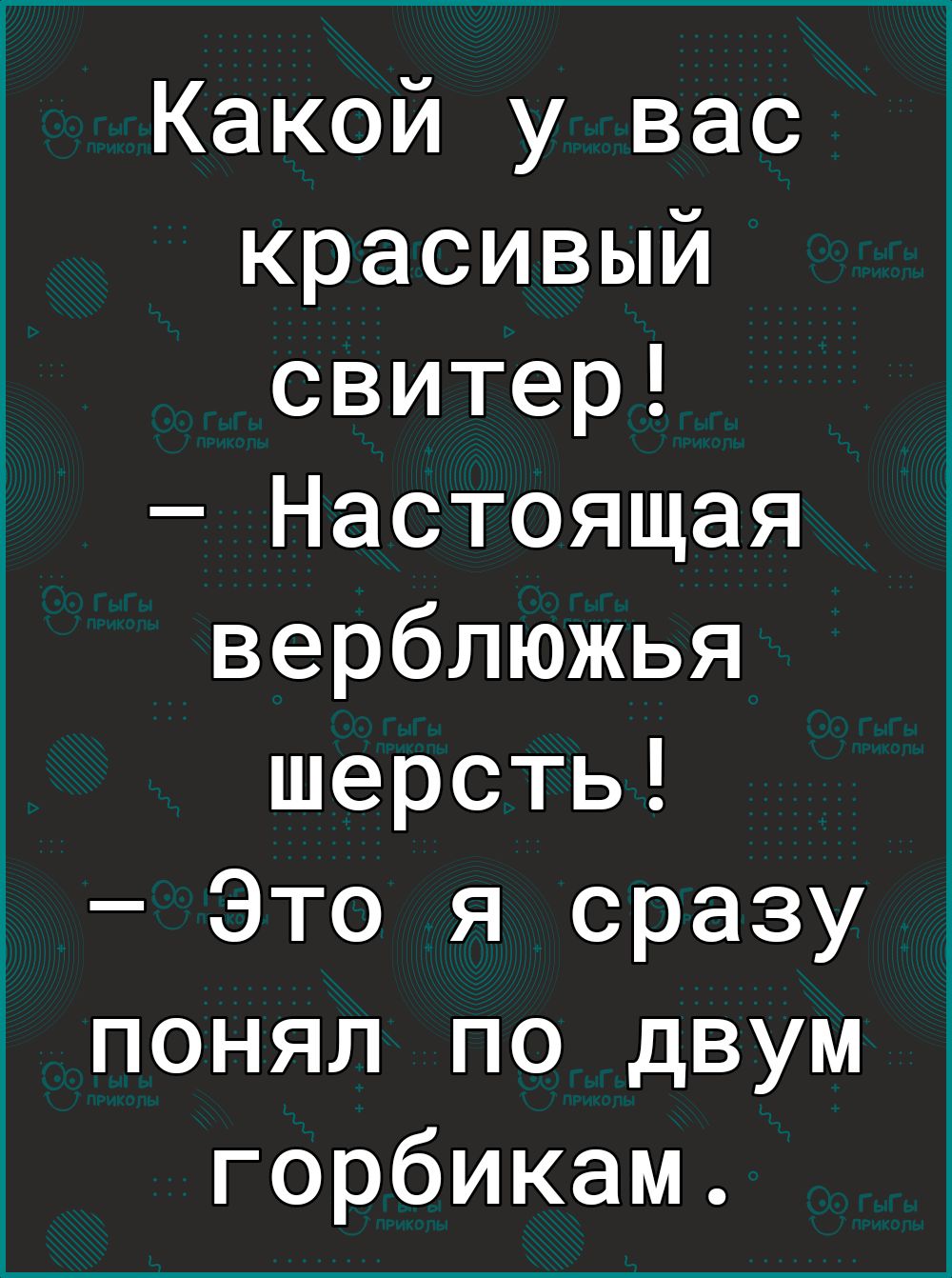 Какой у вас красивый свитер Настоящая верблюжья шерсть Это я сразу понял по двум горбикам