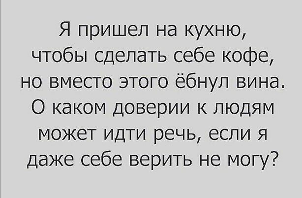 Я пришел на кухню чтобы сделать себе кофе но вместо этого ёбнуп вина О каком доверии к людям может идти речь если я даже себе верить не могу