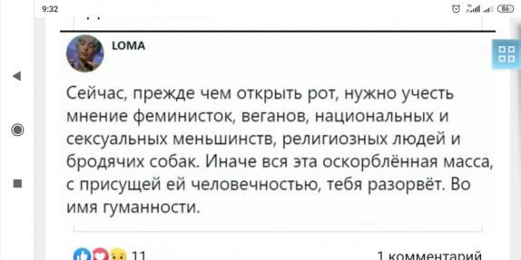 ю Сейчас прежде чем открыть рот нужно учесть МНЕНИЕ феминисток веганов национальных И сексуальных меньшинсш религиозных людей и бродячих собак Иначе вся эта оскорблённая масса с присущей ей человечностью тебя разорвёт Во имя гуманности ШП п 1 кпииритдпий