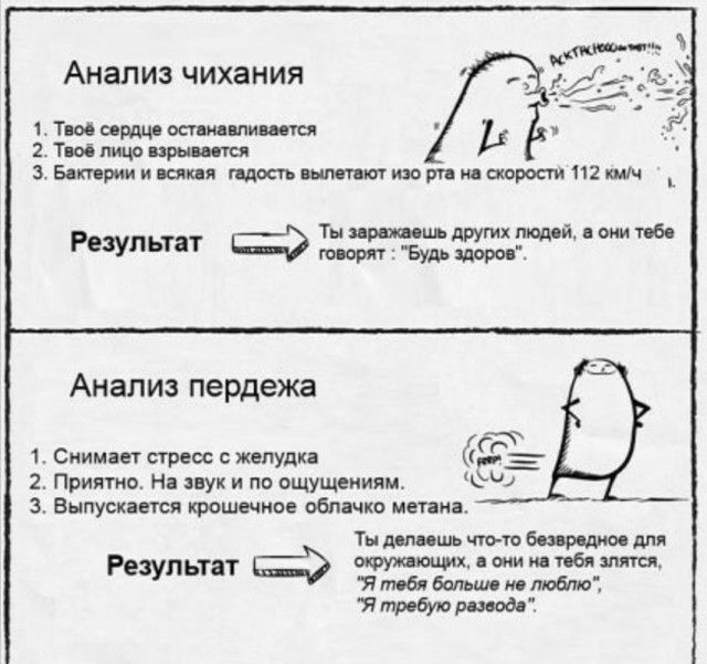 Анализ чихания 1 Тюо осп щ ост питты 2 Тиб лицо иры дится 3 Бятриии сякдя щипцшптштидшростипгкшч Ты аршина других людей и они тоб Резупьтат говори Буд лавров Анализ пердежа 2 Приято На лук и по ощущениям ЧЕ З Выпускается крошечное облачко метана Ты лишь что то бояр дим для Результат тжьтг пбпзпптсп Ятребуюршодв 1 Снимает стресс желудка